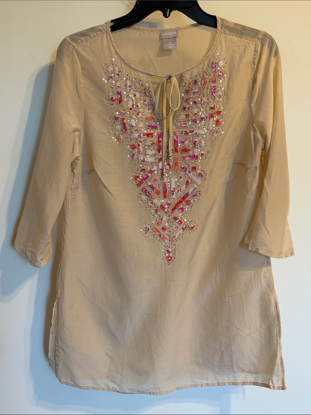 Chico’s Cotton Silk Embellished Sheer Tunic Top Size 0 S Beaded Sequin Boho
